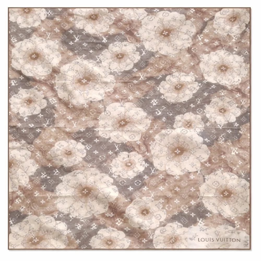 Louis Vuitton Cherry Blossom Silk Scarf 35x35 brown Floral Monogram Lightweight